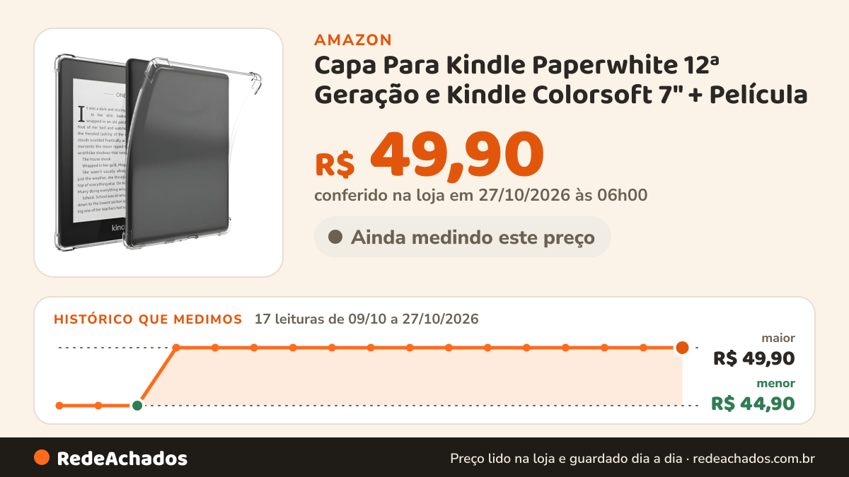 Histórico de preço de Capa Para Kindle Paperwhite 12ª Geração e Kindle Colorsoft 7" + Película na Amazon: 17 leituras de 09/10/2026 a 27/10/2026, menor R$ 44,90, maior R$ 49,90; R$ 49,90 conferido em 27/10/2026 às 06h00