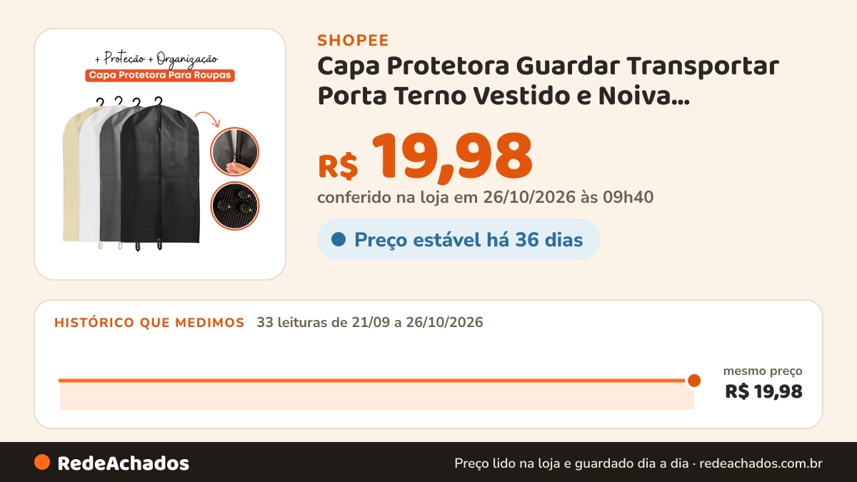 Histórico de preço de Capa Protetora Guardar Transportar Porta Terno Vestido e Noiva Organizador Guarda Roupa… na Shopee: 33 leituras de 21/09/2026 a 26/10/2026, mesmo preço, R$ 19,98, em todas; R$ 19,98 conferido em 26/10/2026 às 09h40