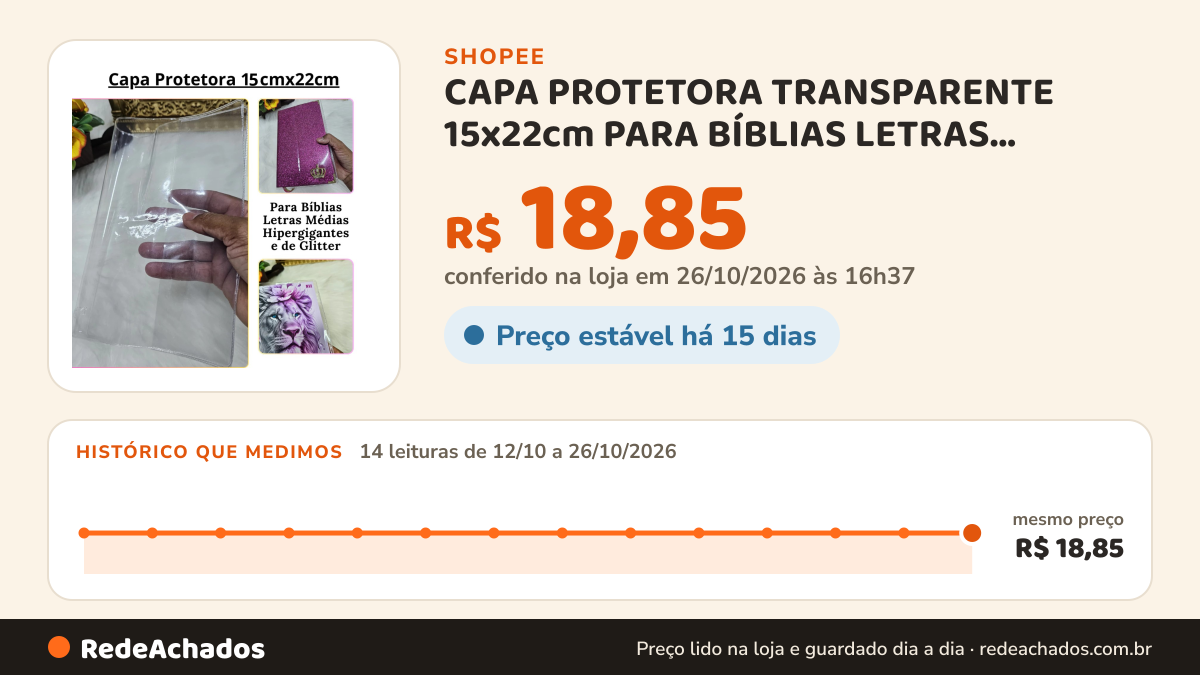 Histórico de preço de CAPA PROTETORA TRANSPARENTE 15x22cm PARA BÍBLIAS LETRAS MÉDIAS E HIPERGIGANTES na Shopee: 14 leituras de 12/10/2026 a 26/10/2026, mesmo preço, R$ 18,85, em todas; R$ 18,85 conferido em 26/10/2026 às 16h37