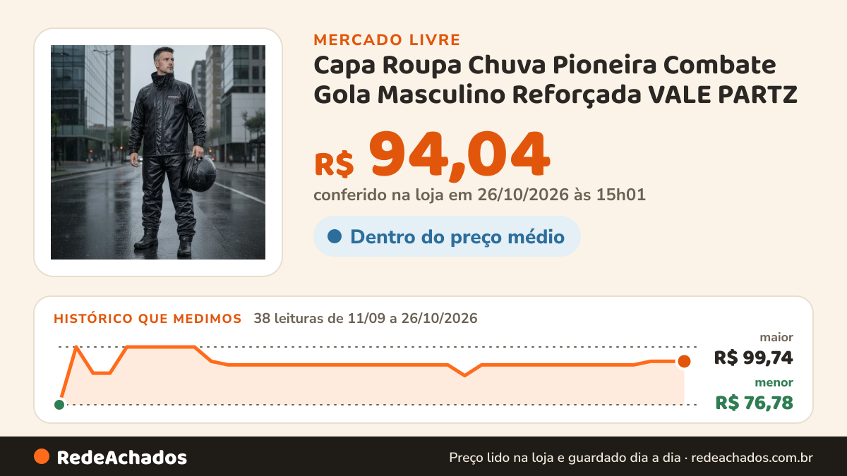 Histórico de preço de Capa Roupa Chuva Pioneira Combate Gola Masculino Reforçada VALE PARTZ no Mercado Livre: 38 leituras de 11/09/2026 a 26/10/2026, menor R$ 76,78, maior R$ 99,74; R$ 94,04 conferido em 26/10/2026 às 15h01