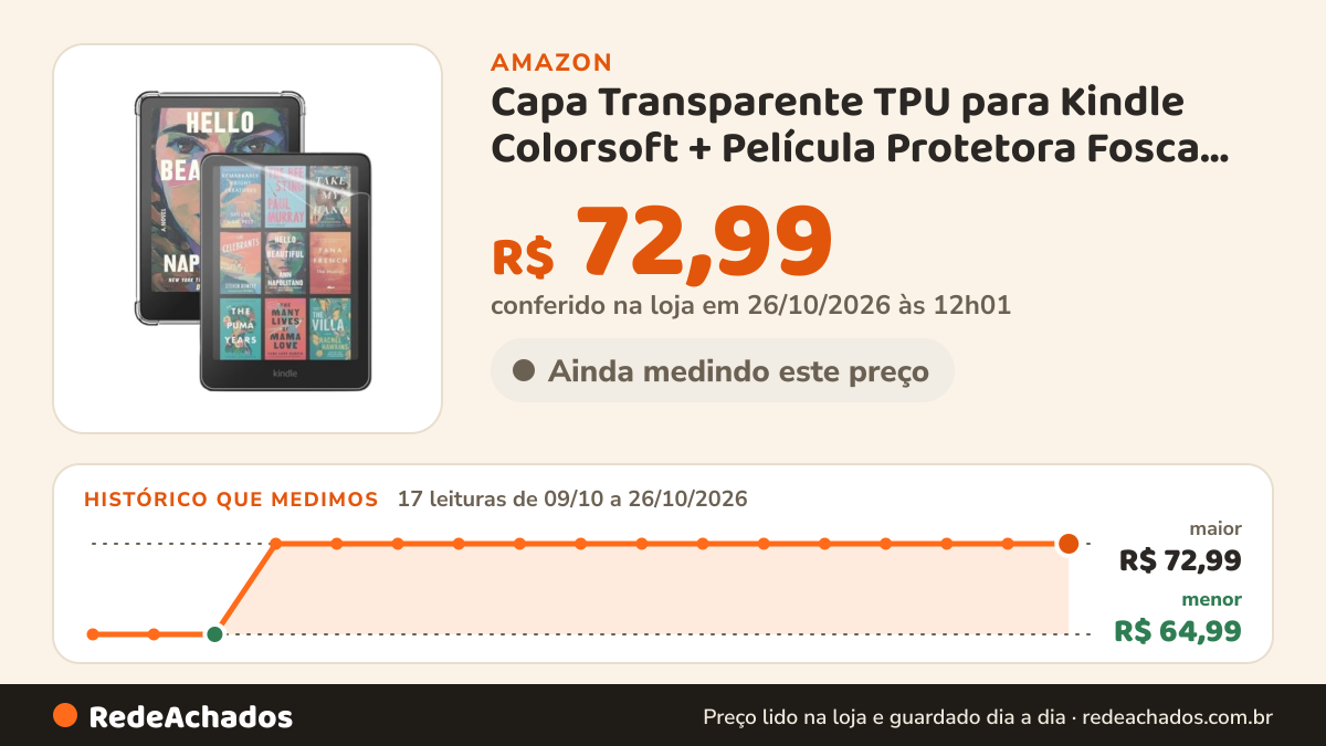 Histórico de preço de Capa Transparente TPU para Kindle Colorsoft + Película Protetora Fosca Tela 7 - Kindle… na Amazon: 17 leituras de 09/10/2026 a 26/10/2026, menor R$ 64,99, maior R$ 72,99; R$ 72,99 conferido em 26/10/2026 às 12h01