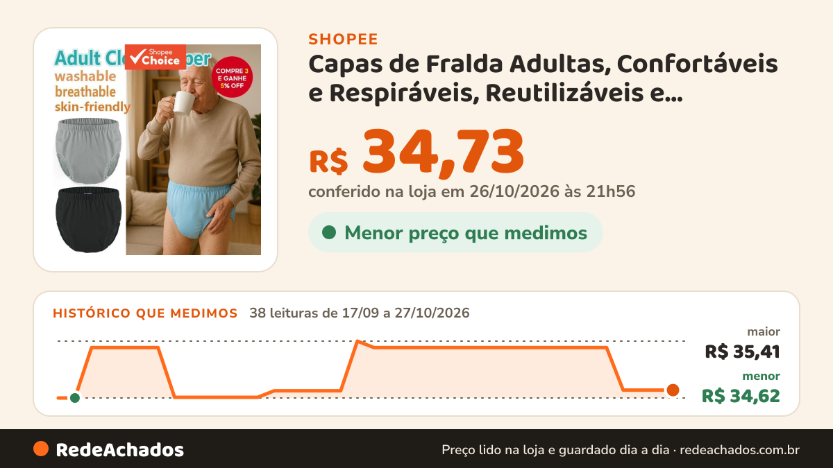 Histórico de preço de Capas de Fralda Adultas, Confortáveis e Respiráveis, Reutilizáveis e Laváveis… na Shopee: 38 leituras de 17/09/2026 a 27/10/2026, menor R$ 34,62, maior R$ 35,41; R$ 34,73 conferido em 26/10/2026 às 21h56