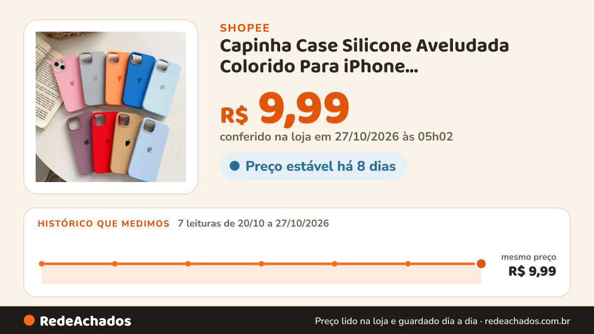 Histórico de preço de Capinha Case Silicone Aveludada Colorido Para iPhone 13/13Pro/13ProMax Premium na Shopee: 7 leituras de 20/10/2026 a 27/10/2026, mesmo preço, R$ 9,99, em todas; R$ 9,99 conferido em 27/10/2026 às 05h02