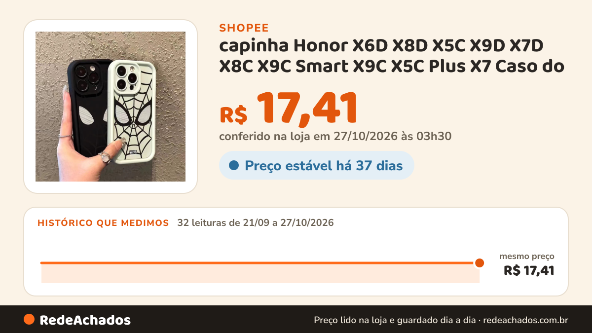 Histórico de preço de capinha Honor X6D X8D X5C X9D X7D X8C X9C Smart X9C X5C Plus X7 Caso do telefone do Homem… na Shopee: 32 leituras de 21/09/2026 a 27/10/2026, mesmo preço, R$ 17,41, em todas; R$ 17,41 conferido em 27/10/2026 às 03h30