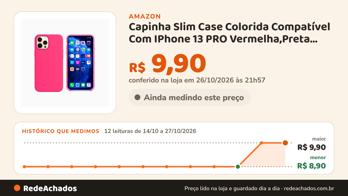 Histórico de preço de Capinha Slim Case Colorida Compatível Com IPhone 13 PRO Vermelha,Preta, Laranja, Amarela… na Amazon: 12 leituras de 14/10/2026 a 27/10/2026, menor R$ 8,90, maior R$ 9,90; R$ 9,90 conferido em 26/10/2026 às 21h57