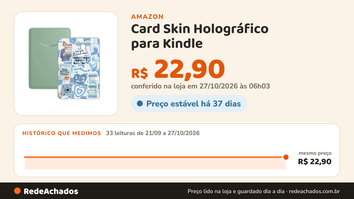 Histórico de preço de Card Skin Holográfico para Kindle - Aesthetic Azul Read na Amazon: 33 leituras de 21/09/2026 a 27/10/2026, mesmo preço, R$ 22,90, em todas; R$ 22,90 conferido em 27/10/2026 às 06h03