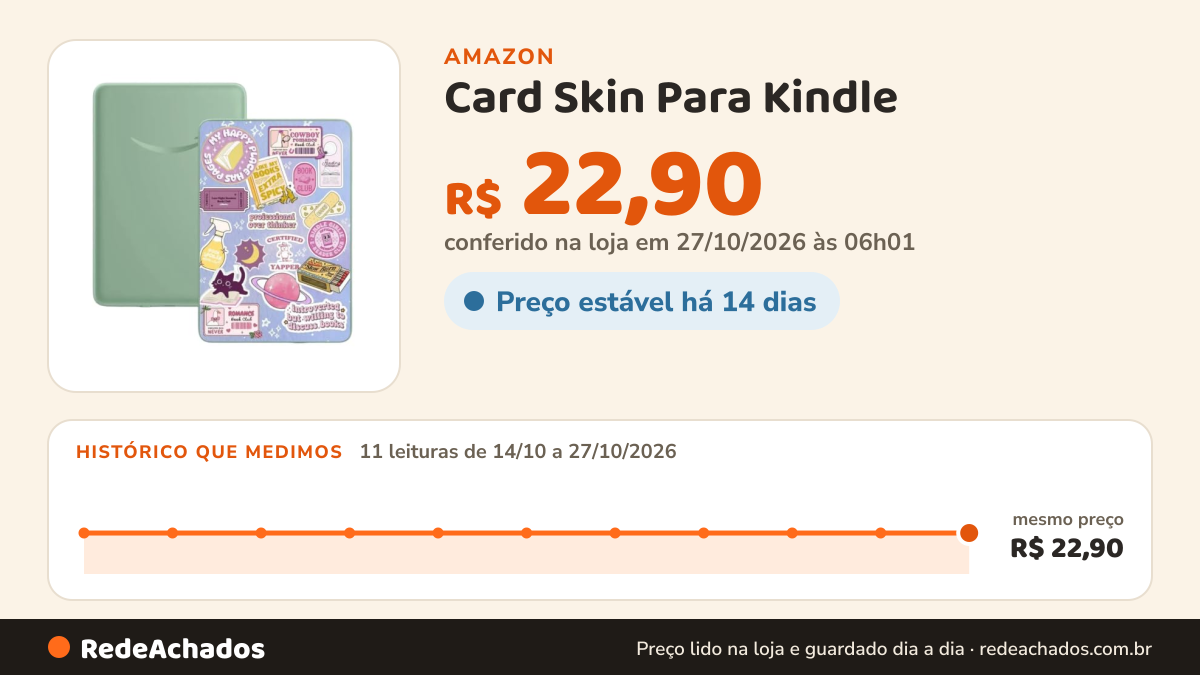 Histórico de preço de Card Skin Para Kindle - Sticks Booklover Roxo na Amazon: 10 leituras de 14/10/2026 a 25/10/2026, mesmo preço, R$ 22,90, em todas