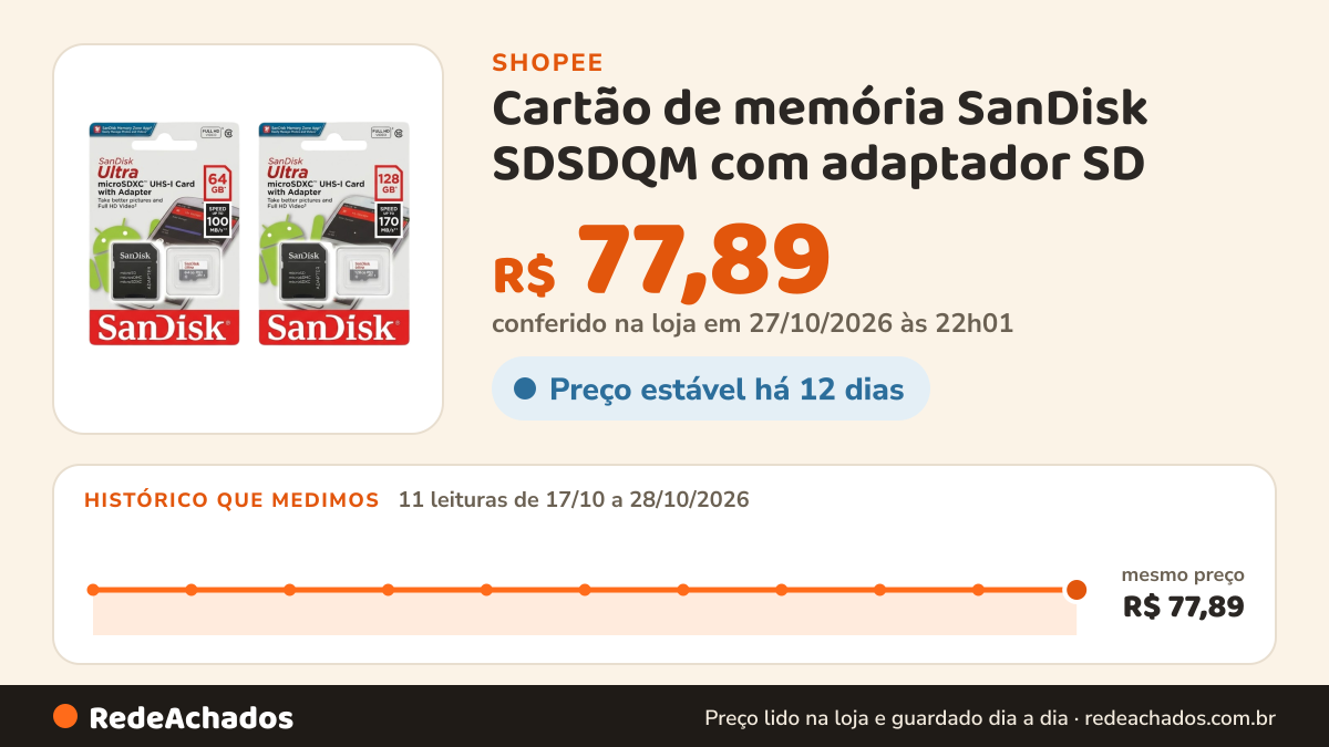 Histórico de preço de Cartão de memória SanDisk SDSDQM com adaptador SD na Shopee: 10 leituras de 17/10/2026 a 26/10/2026, mesmo preço, R$ 77,89, em todas; R$ 77,89 conferido em 26/10/2026 às 16h26