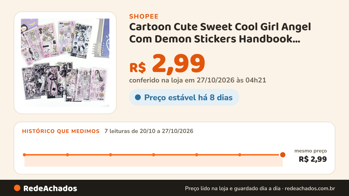 Histórico de preço de Cartoon Cute Sweet Cool Girl Angel Com Demon Stickers Handbook Notebook Phone Case… na Shopee: 7 leituras de 20/10/2026 a 27/10/2026, mesmo preço, R$ 2,99, em todas; R$ 2,99 conferido em 27/10/2026 às 04h21