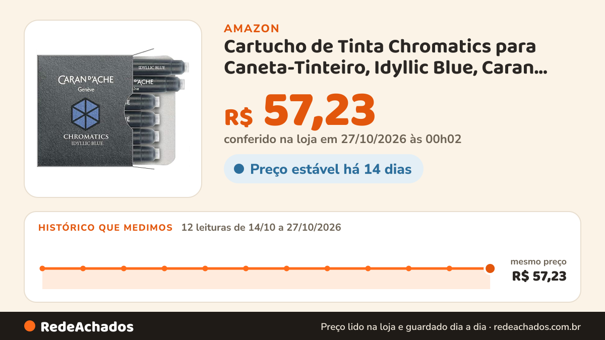 Histórico de preço de Cartucho de Tinta Chromatics para Caneta-Tinteiro, Idyllic Blue, Caran d'Ache, 6 Unidades na Amazon: 12 leituras de 14/10/2026 a 27/10/2026, mesmo preço, R$ 57,23, em todas; R$ 57,23 conferido em 27/10/2026 às 00h02