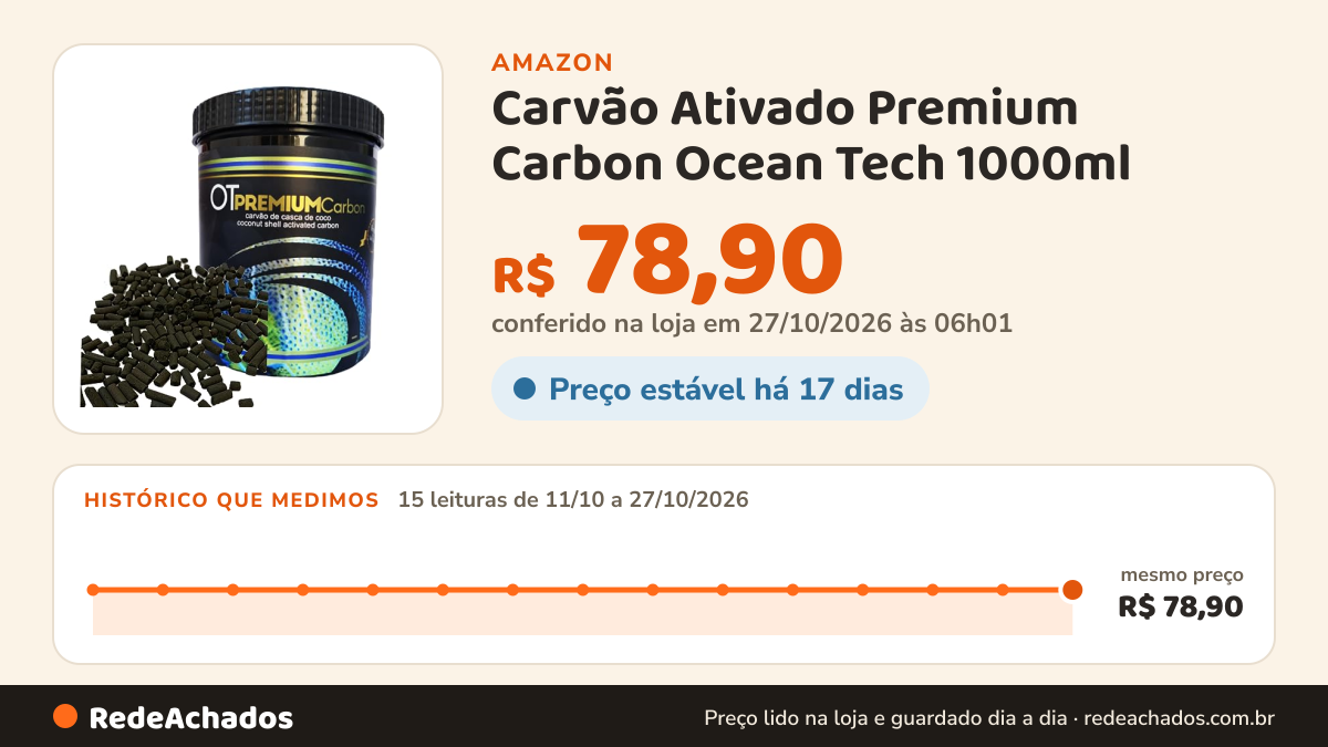Histórico de preço de Carvão Ativado Premium Carbon Ocean Tech 1000ml na Amazon: 14 leituras de 11/10/2026 a 25/10/2026, mesmo preço, R$ 78,90, em todas