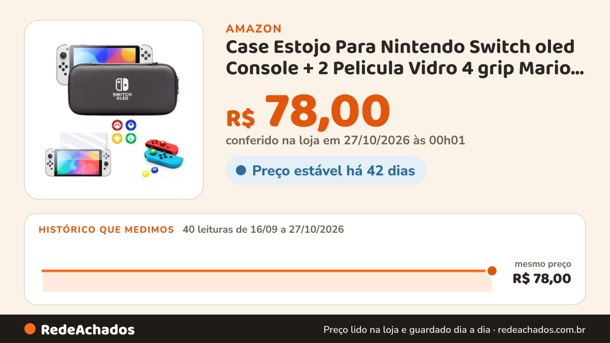 Histórico de preço de Case Estojo Para Nintendo Switch oled Console + 2 Pelicula Vidro 4 grip Mario proteção… na Amazon: 40 leituras de 16/09/2026 a 27/10/2026, mesmo preço, R$ 78,00, em todas; R$ 78,00 conferido em 27/10/2026 às 00h01