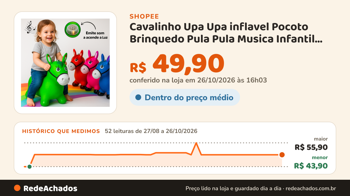 Histórico de preço de Cavalinho Upa Upa inflavel Pocoto Brinquedo Pula Pula Musica Infantil Com Musica e Led na Shopee: 52 leituras de 27/08/2026 a 26/10/2026, menor R$ 43,90, maior R$ 55,90; R$ 49,90 conferido em 26/10/2026 às 16h03