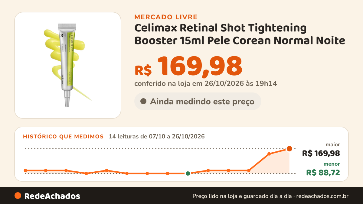Histórico de preço de Celimax Retinal Shot Tightening Booster 15ml Pele Corean Normal Noite no Mercado Livre: 14 leituras de 07/10/2026 a 26/10/2026, menor R$ 88,72, maior R$ 169,98; R$ 169,98 conferido em 26/10/2026 às 19h14