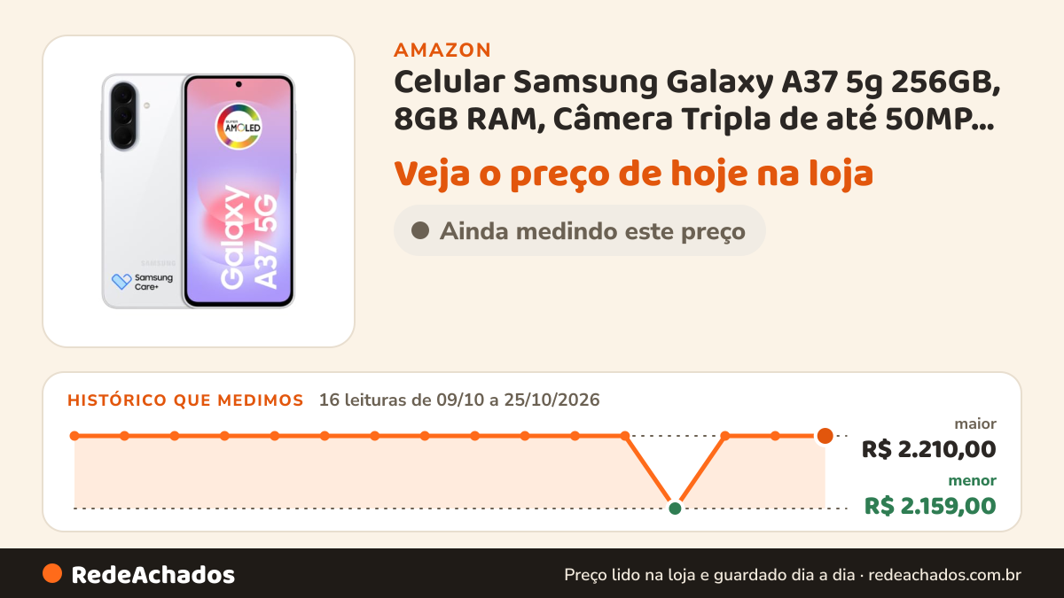 Histórico de preço de Celular Samsung Galaxy A37 5g 256GB, 8GB RAM, Câmera Tripla de até 50MP Ois, Selfie de… na Amazon: 16 leituras de 09/10/2026 a 25/10/2026, menor R$ 2.159,00, maior R$ 2.210,00