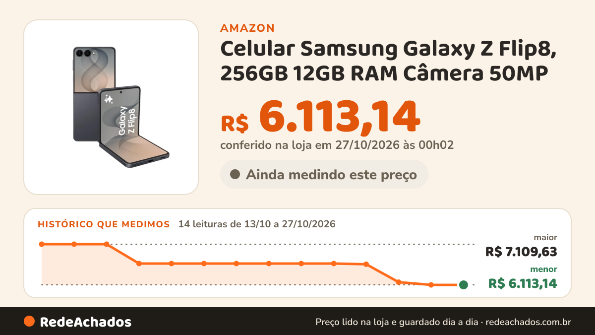 Histórico de preço de Celular Samsung Galaxy Z Flip8, 256GB 12GB RAM Câmera 50MP - Preto na Amazon: 14 leituras de 13/10/2026 a 27/10/2026, menor R$ 6.113,14, maior R$ 7.109,63; R$ 6.113,14 conferido em 27/10/2026 às 00h02