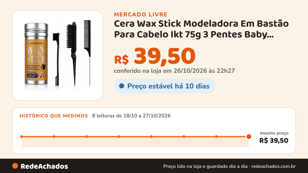 Histórico de preço de Cera Wax Stick Modeladora Em Bastão Para Cabelo Ikt 75g 3 Pentes Baby Hair Evasecret no Mercado Livre: 8 leituras de 18/10/2026 a 27/10/2026, mesmo preço, R$ 39,50, em todas; R$ 39,50 conferido em 26/10/2026 às 22h27