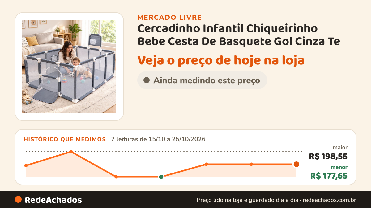 Histórico de preço de Cercadinho Infantil Chiqueirinho Bebe Cesta De Basquete Gol Cinza Te no Mercado Livre: 7 leituras de 15/10/2026 a 25/10/2026, menor R$ 177,65, maior R$ 198,55