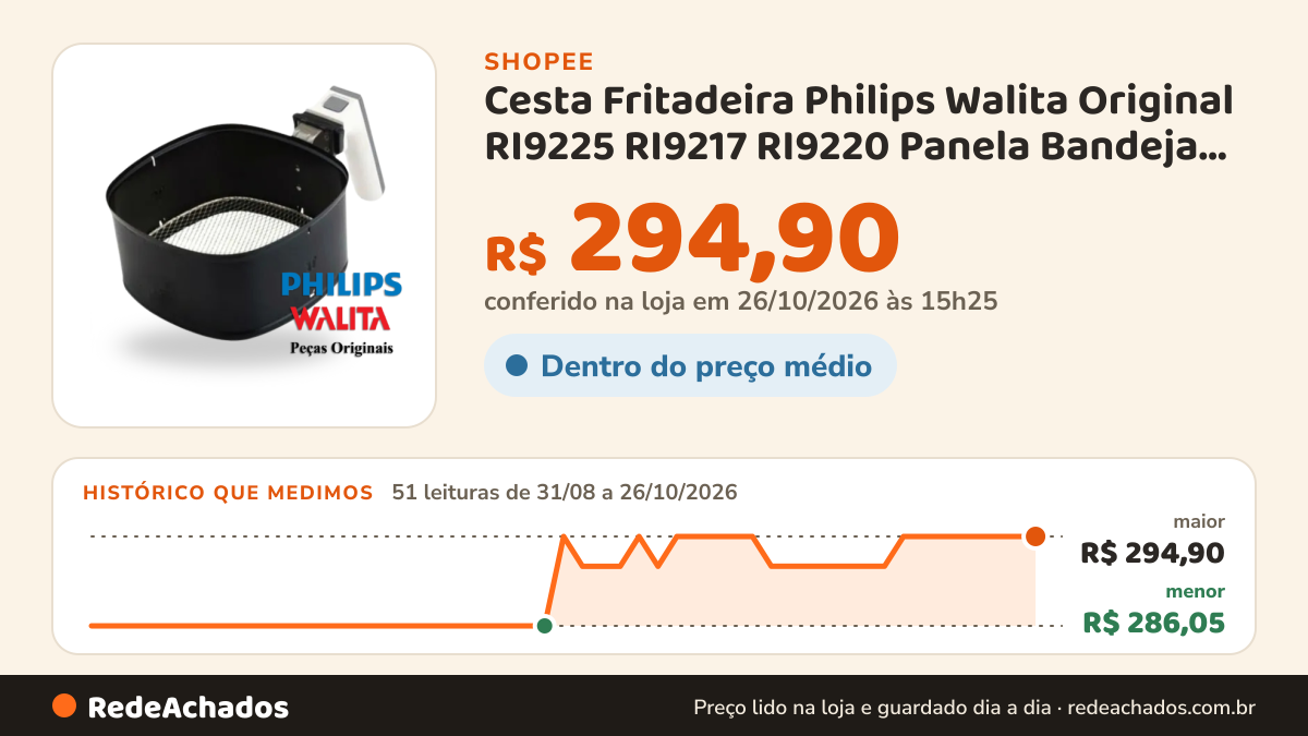 Histórico de preço de Cesta Fritadeira Philips Walita Original RI9225 RI9217 RI9220 Panela Bandeja suporte… na Shopee: 51 leituras de 31/08/2026 a 26/10/2026, menor R$ 286,05, maior R$ 294,90; R$ 294,90 conferido em 26/10/2026 às 15h25