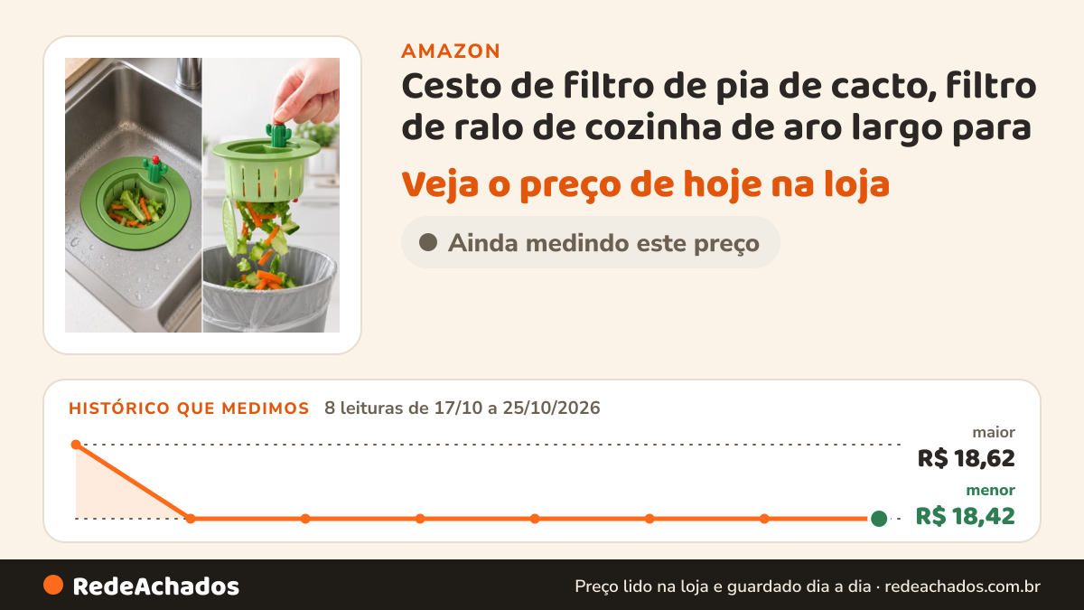 Histórico de preço de Cesto de filtro de pia de cacto, filtro de ralo de cozinha de aro largo para restos de… na Amazon: 8 leituras de 17/10/2026 a 25/10/2026, menor R$ 18,42, maior R$ 18,62