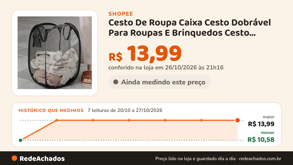 Histórico de preço de Cesto De Roupa Caixa Cesto Dobrável Para Roupas E Brinquedos Cesto Infantil Cores Diversas… na Shopee: 7 leituras de 20/10/2026 a 27/10/2026, menor R$ 10,58, maior R$ 13,99; R$ 13,99 conferido em 26/10/2026 às 21h16