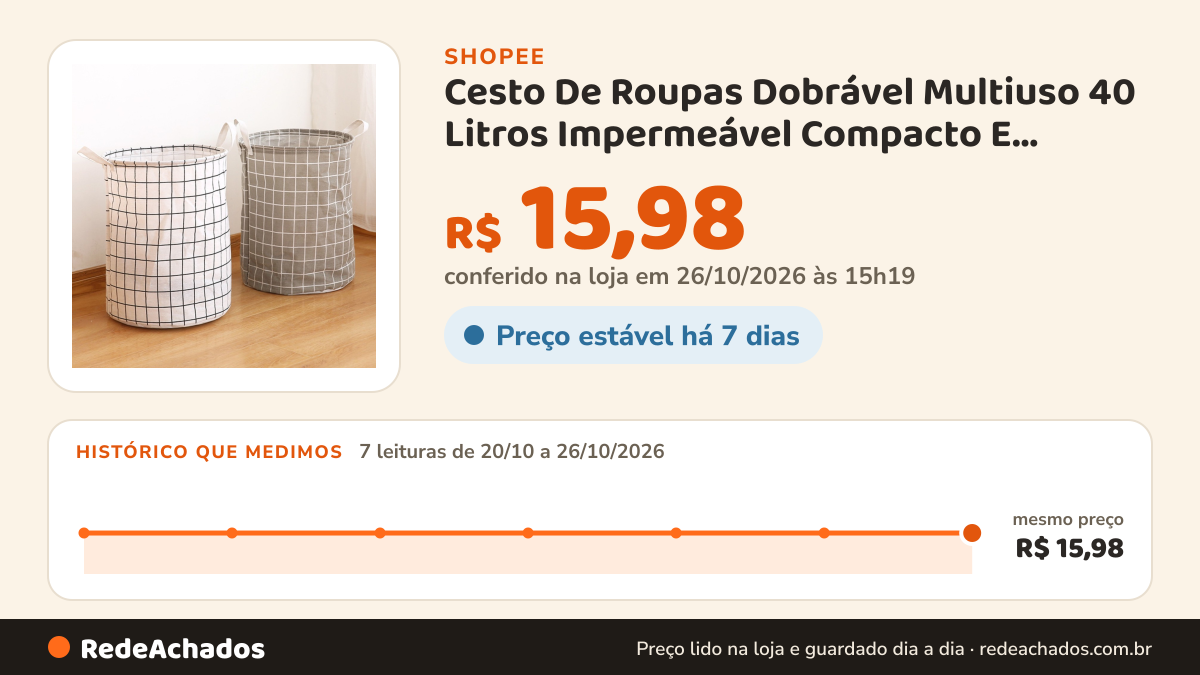 Histórico de preço de Cesto De Roupas Dobrável Multiuso 40 Litros Impermeável Compacto E Versátil 40L Para Roupa… na Shopee: 7 leituras de 20/10/2026 a 26/10/2026, mesmo preço, R$ 15,98, em todas; R$ 15,98 conferido em 26/10/2026 às 15h19