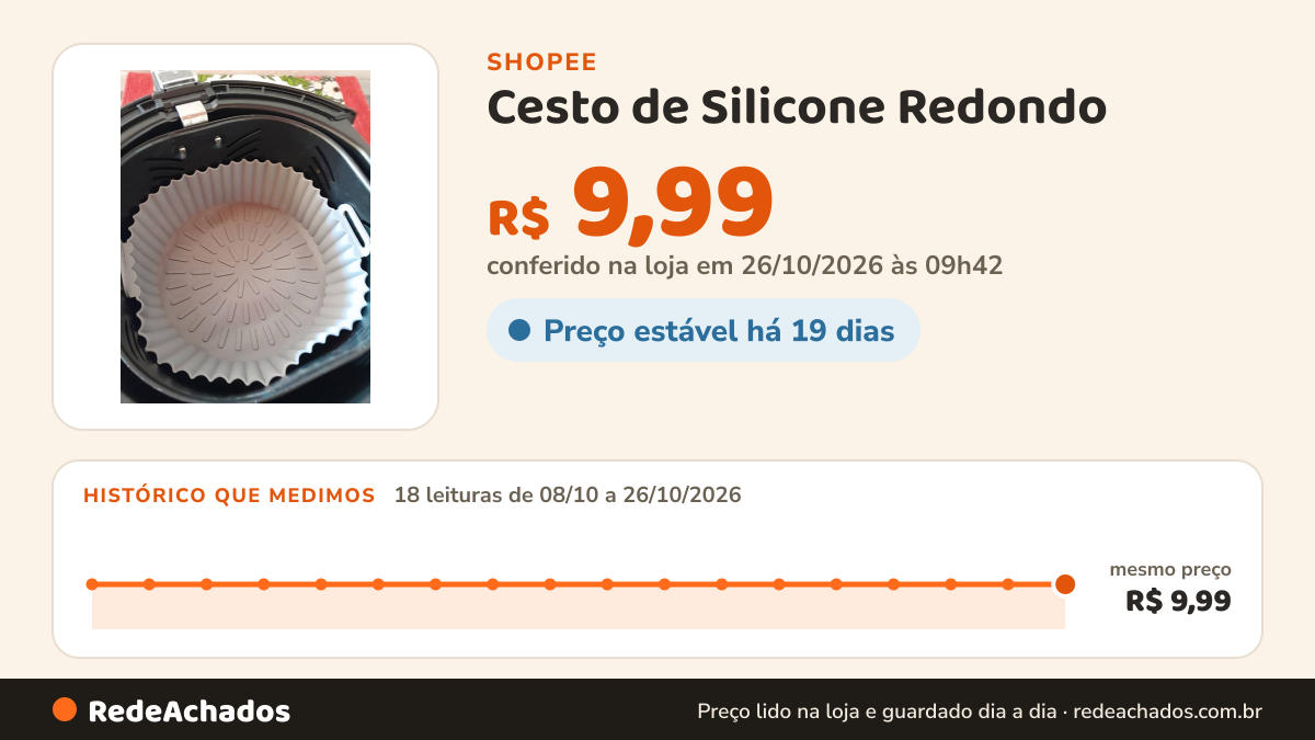 Histórico de preço de Cesto de Silicone Redondo / Quadrada / Retângulo Air Fryer e Forno Forma para Fritadeira… na Shopee: 18 leituras de 08/10/2026 a 26/10/2026, mesmo preço, R$ 9,99, em todas; R$ 9,99 conferido em 26/10/2026 às 09h42