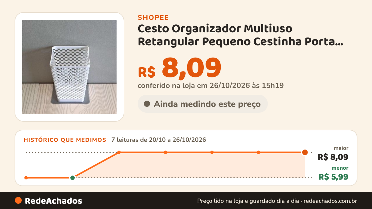 Histórico de preço de Cesto Organizador Multiuso Retangular Pequeno Cestinha Porta Treco/Caneta/Objetos… na Shopee: 7 leituras de 20/10/2026 a 26/10/2026, menor R$ 5,99, maior R$ 8,09; R$ 8,09 conferido em 26/10/2026 às 15h19