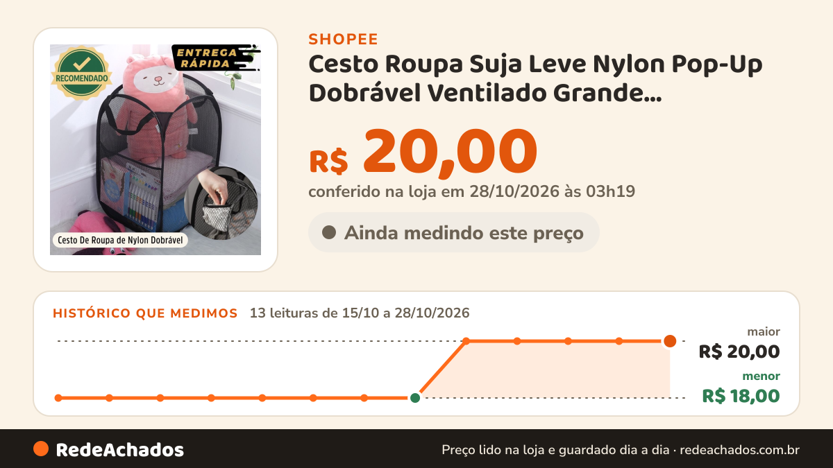 Histórico de preço de Cesto Roupa Suja Leve Nylon Pop-Up Dobrável Ventilado Grande Capacidade Portátil Envio… na Shopee: 12 leituras de 15/10/2026 a 27/10/2026, menor R$ 18,00, maior R$ 20,00; R$ 20,00 conferido em 26/10/2026 às 22h08