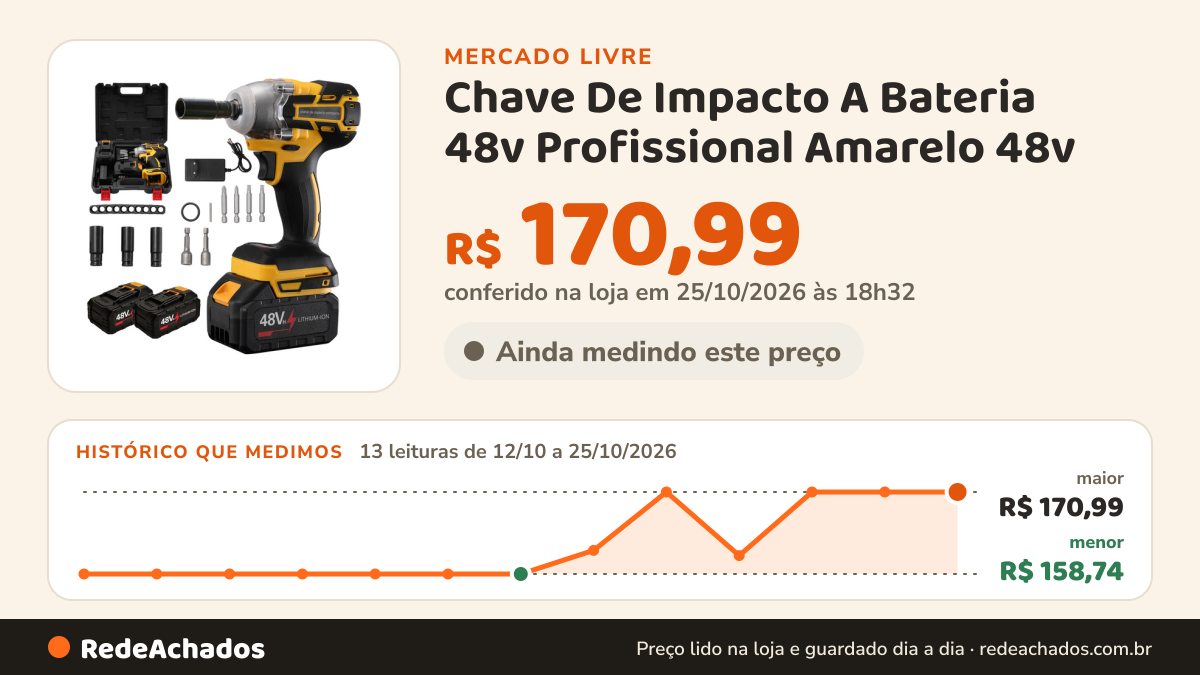 Histórico de preço de Chave De Impacto A Bateria 48v Profissional Amarelo 48v no Mercado Livre: 13 leituras de 12/10/2026 a 25/10/2026, menor R$ 158,74, maior R$ 170,99; R$ 170,99 conferido em 25/10/2026 às 18h32