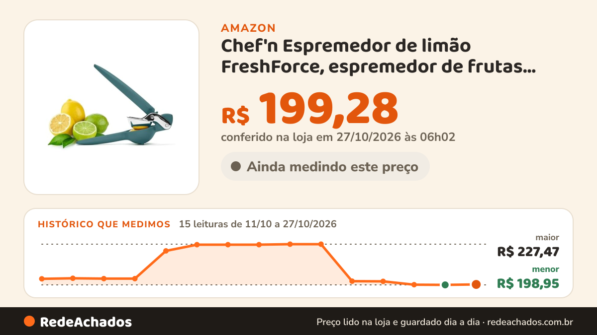 Histórico de preço de Chef'n Espremedor de limão FreshForce, espremedor de frutas cítricas, qualidade premium… na Amazon: 15 leituras de 11/10/2026 a 27/10/2026, menor R$ 198,95, maior R$ 227,47; R$ 199,28 conferido em 27/10/2026 às 06h02