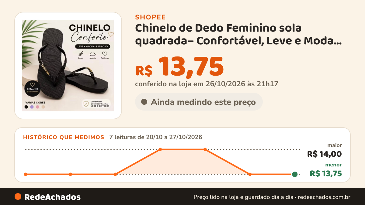 Histórico de preço de Chinelo de Dedo Feminino sola quadrada– Confortável, Leve e Moda Verão Tendências na Shopee: 7 leituras de 20/10/2026 a 27/10/2026, menor R$ 13,75, maior R$ 14,00; R$ 13,75 conferido em 26/10/2026 às 21h17