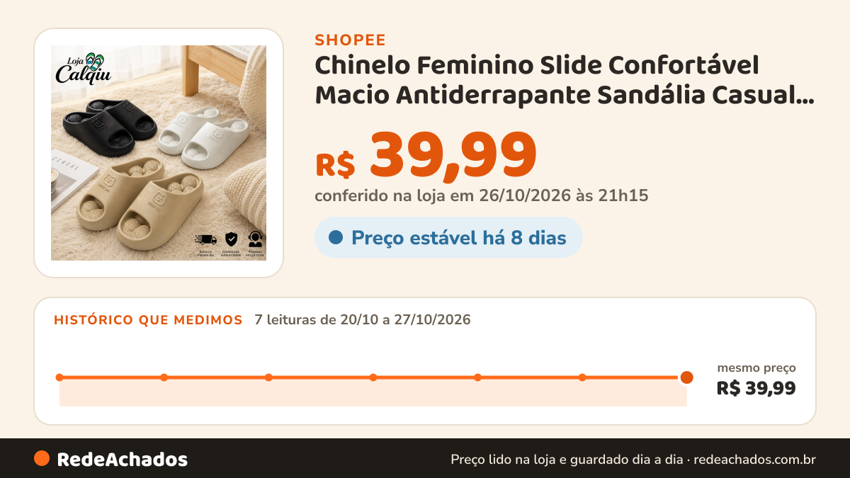 Histórico de preço de Chinelo Feminino Slide Confortável Macio Antiderrapante Sandália Casual Para Praia Dia a… na Shopee: 7 leituras de 20/10/2026 a 27/10/2026, mesmo preço, R$ 39,99, em todas; R$ 39,99 conferido em 26/10/2026 às 21h15