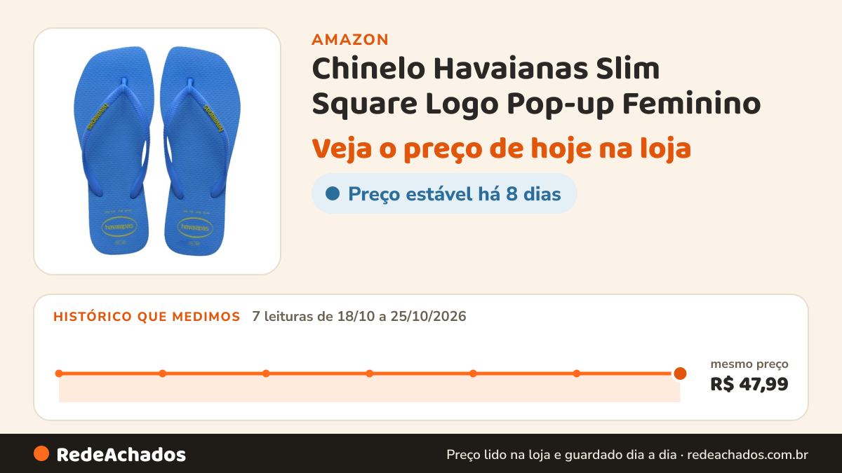 Histórico de preço de Chinelo Havaianas Slim Square Logo Pop-up Feminino - Cor Azul Brilhante (BR, Adulto, Faixa… na Amazon: 7 leituras de 18/10/2026 a 25/10/2026, mesmo preço, R$ 47,99, em todas