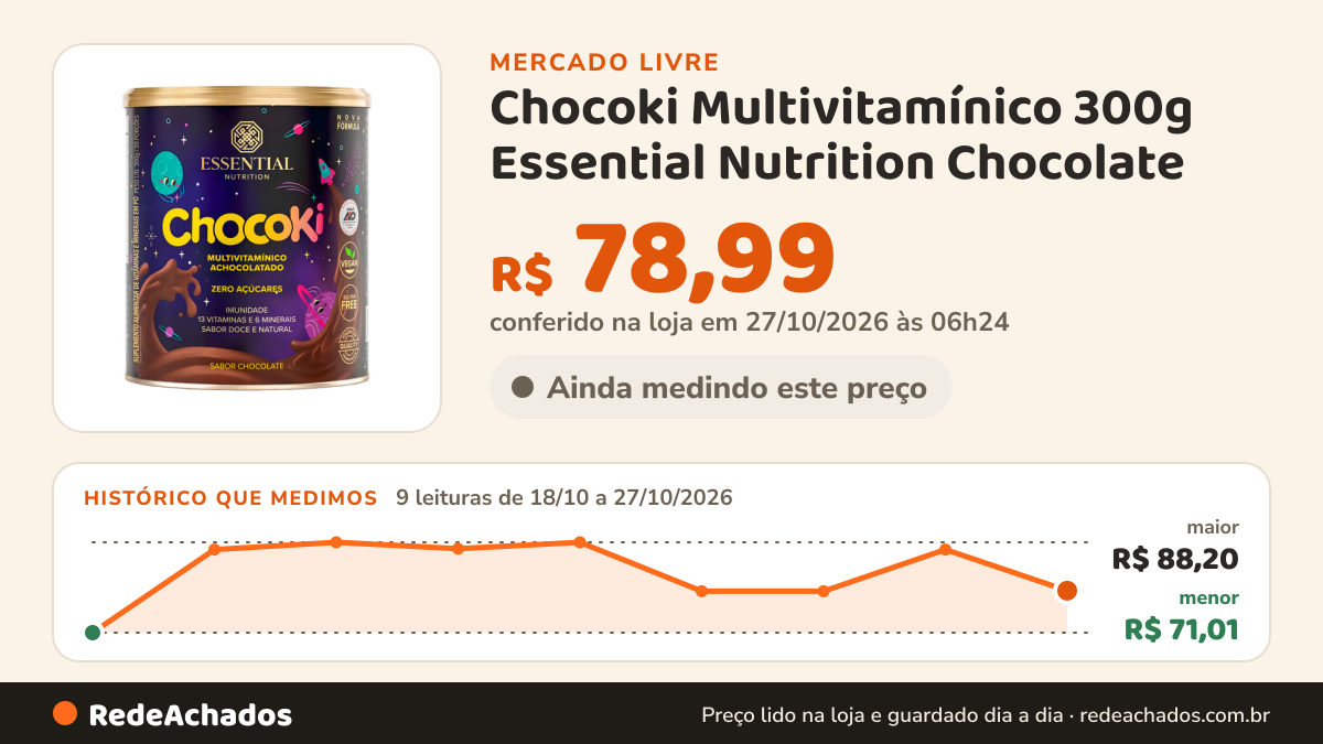 Histórico de preço de Chocoki Multivitamínico 300g Essential Nutrition Chocolate no Mercado Livre: 7 leituras de 18/10/2026 a 25/10/2026, menor R$ 71,01, maior R$ 88,20; R$ 78,90 conferido em 25/10/2026 às 19h30