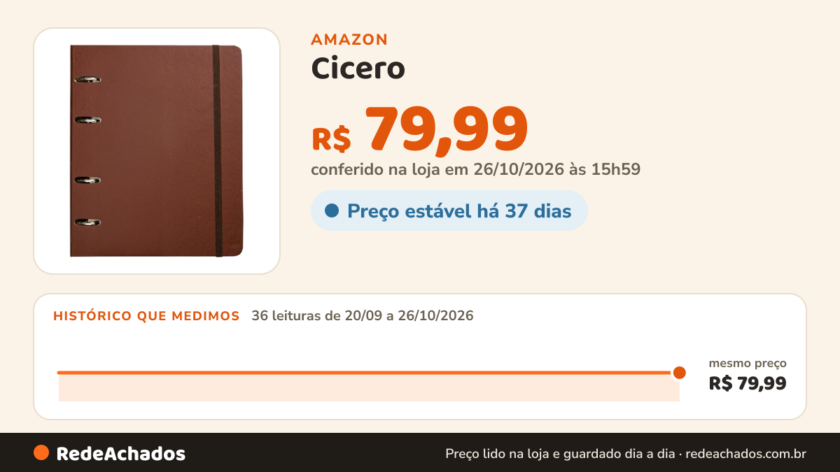 Histórico de preço de Cicero - Caderno Criativo, Office Duo Argolado Clássica, Pautado & Pontado A5 - Café na Amazon: 36 leituras de 20/09/2026 a 26/10/2026, mesmo preço, R$ 79,99, em todas; R$ 79,99 conferido em 26/10/2026 às 15h59