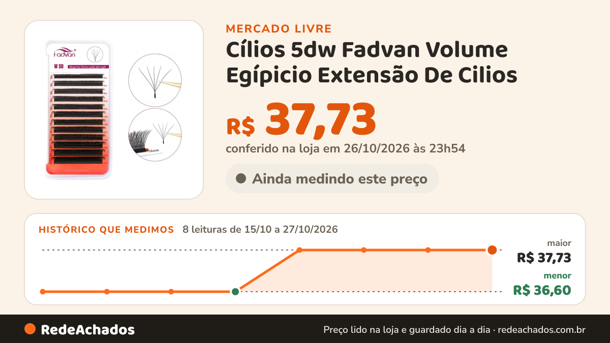 Histórico de preço de Cílios 5dw Fadvan Volume Egípicio Extensão De Cilios no Mercado Livre: 8 leituras de 15/10/2026 a 27/10/2026, menor R$ 36,60, maior R$ 37,73; R$ 37,73 conferido em 26/10/2026 às 23h54