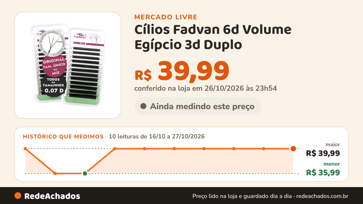 Histórico de preço de Cílios Fadvan 6d Volume Egípcio 3d Duplo - Tam Único | Mix FADVAN no Mercado Livre: 10 leituras de 16/10/2026 a 27/10/2026, menor R$ 35,99, maior R$ 39,99; R$ 39,99 conferido em 26/10/2026 às 23h54