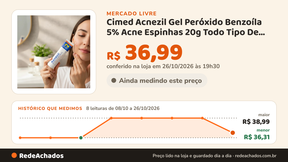 Histórico de preço de Cimed Acnezil Gel Peróxido Benzoíla 5% Acne Espinhas 20g Todo Tipo De Pele Noite no Mercado Livre: 8 leituras de 08/10/2026 a 26/10/2026, menor R$ 36,31, maior R$ 38,99; R$ 36,99 conferido em 26/10/2026 às 19h30