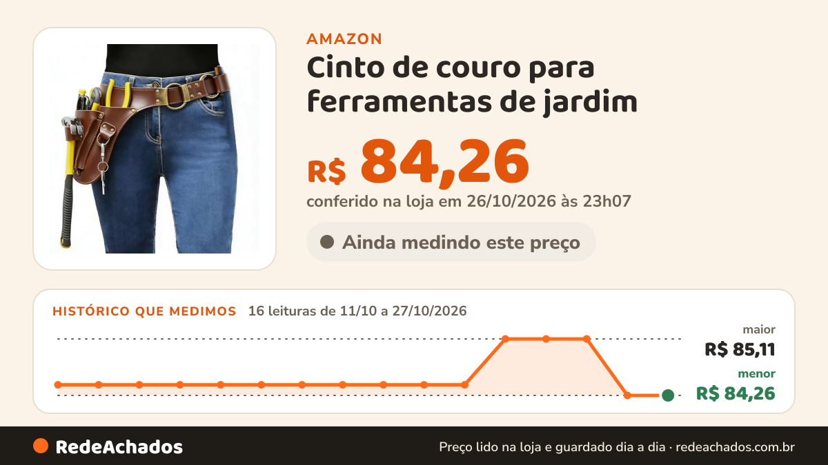 Histórico de preço de Cinto de couro para ferramentas de jardim - Presentes de jardinagem para mulheres - Cinto… na Amazon: 16 leituras de 11/10/2026 a 27/10/2026, menor R$ 84,26, maior R$ 85,11; R$ 84,26 conferido em 26/10/2026 às 23h07