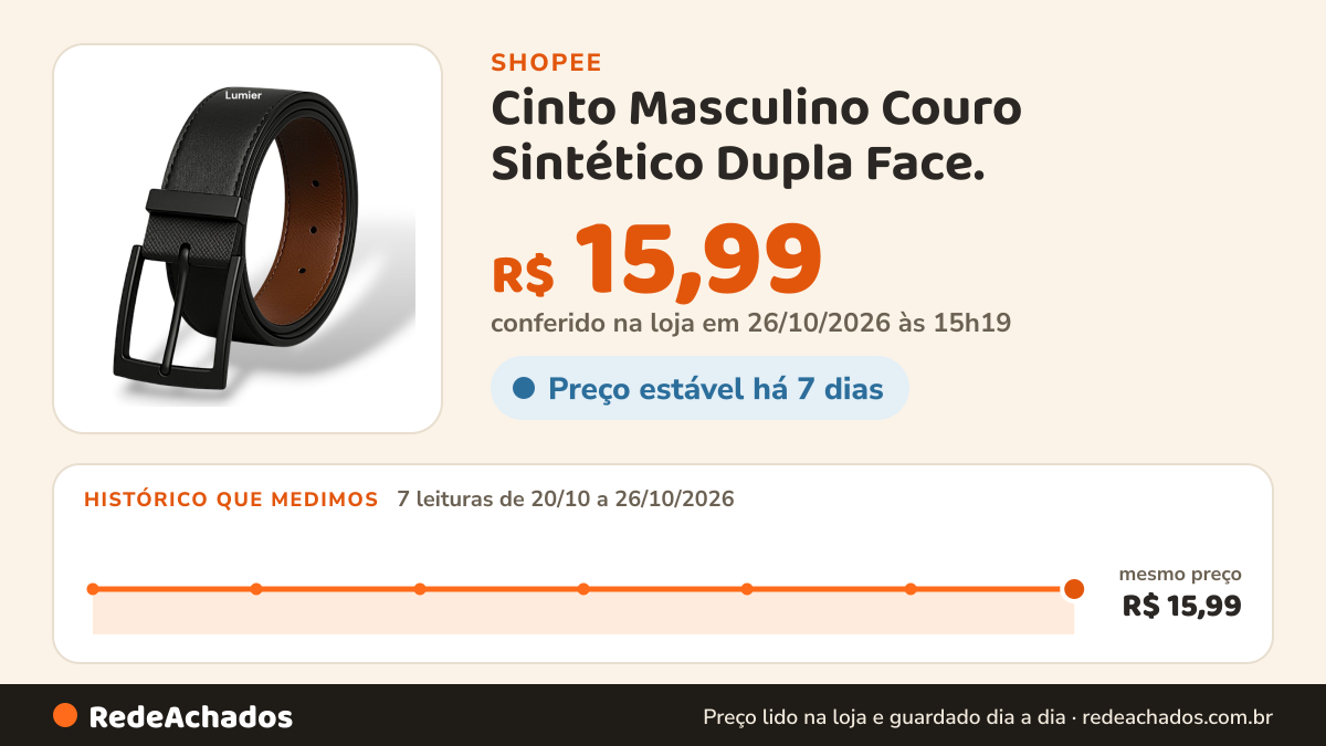 Histórico de preço de Cinto Masculino Couro Sintético Dupla Face. na Shopee: 7 leituras de 20/10/2026 a 26/10/2026, mesmo preço, R$ 15,99, em todas; R$ 15,99 conferido em 26/10/2026 às 15h19
