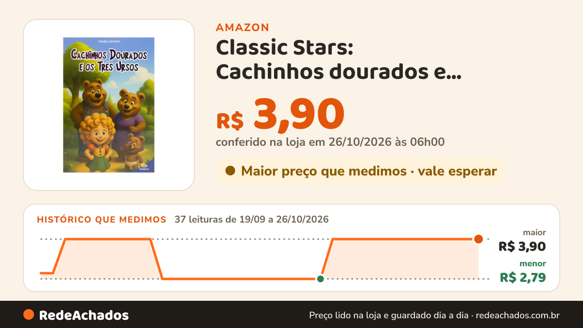 Histórico de preço de Classic Stars: Cachinhos dourados e... na Amazon: 37 leituras de 19/09/2026 a 26/10/2026, menor R$ 2,79, maior R$ 3,90; R$ 3,90 conferido em 26/10/2026 às 06h00