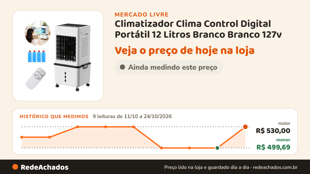 Histórico de preço de Climatizador Clima Control Digital Portátil 12 Litros Branco Branco 127v no Mercado Livre: 9 leituras de 11/10/2026 a 24/10/2026, menor R$ 499,69, maior R$ 530,00