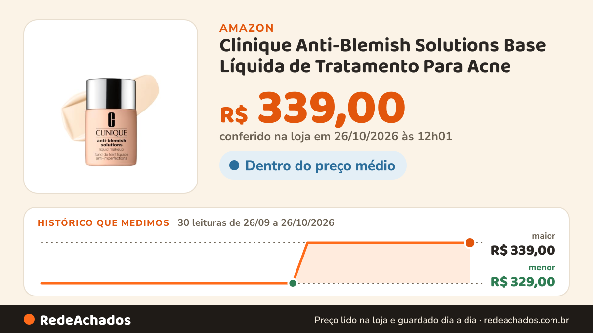 Histórico de preço de Clinique Anti-Blemish Solutions Base Líquida de Tratamento Para Acne na Amazon: 29 leituras de 26/09/2026 a 25/10/2026, menor R$ 329,00, maior R$ 339,00; R$ 339,00 conferido em 25/10/2026 às 05h58