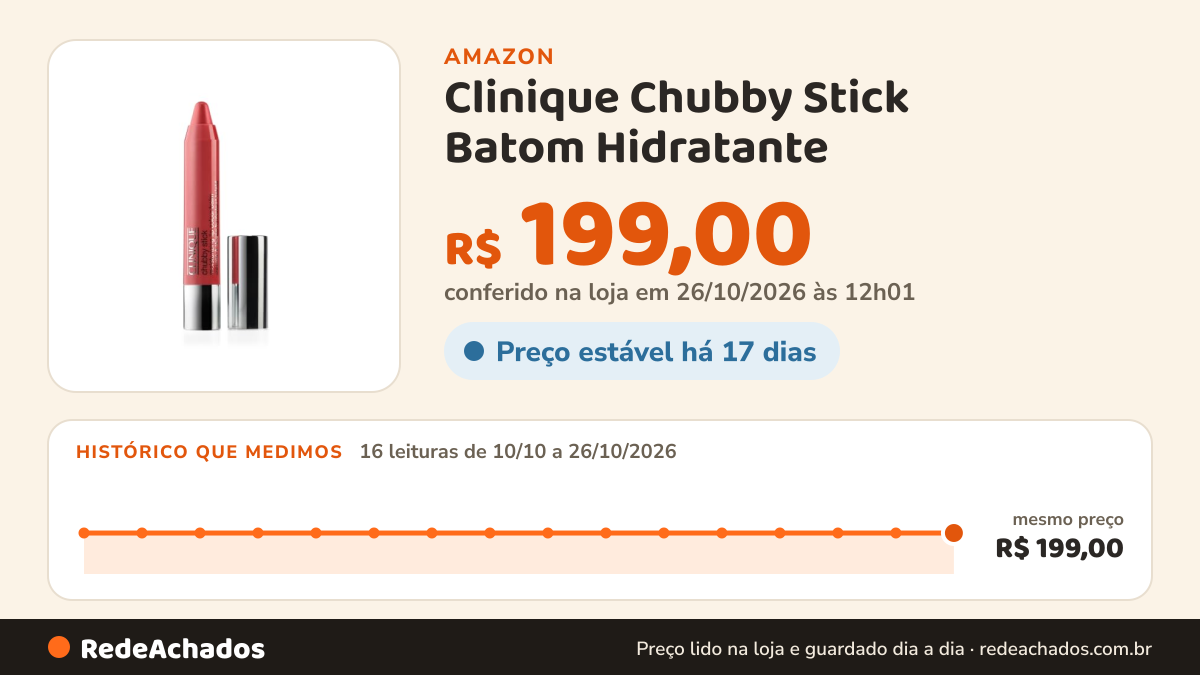 Histórico de preço de Clinique Chubby Stick Batom Hidratante na Amazon: 15 leituras de 10/10/2026 a 25/10/2026, mesmo preço, R$ 199,00, em todas; R$ 199,00 conferido em 25/10/2026 às 05h58