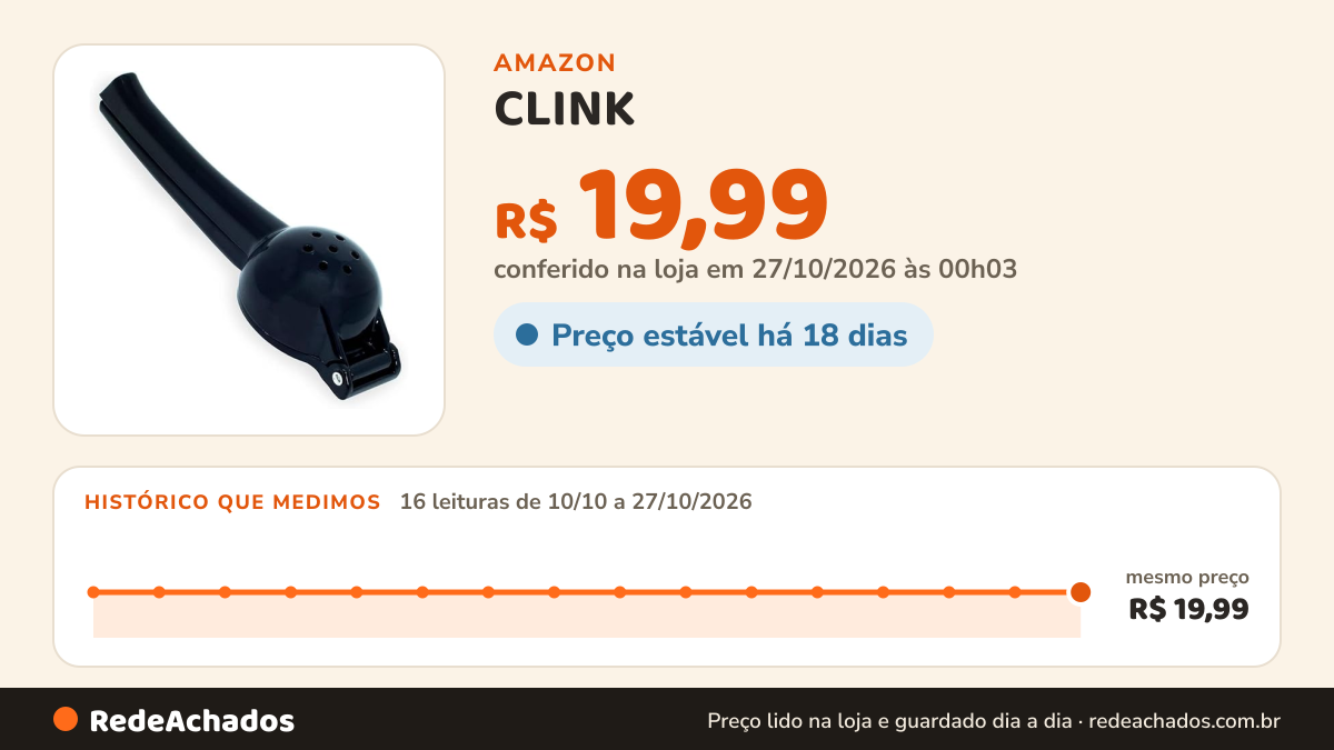 Histórico de preço de CLINK - Espremedor de Limão Preto na Amazon: 16 leituras de 10/10/2026 a 27/10/2026, mesmo preço, R$ 19,99, em todas; R$ 19,99 conferido em 27/10/2026 às 00h03