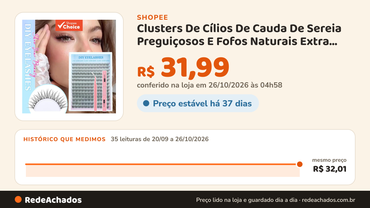 Histórico de preço de Clusters De Cílios De Cauda De Sereia Preguiçosos E Fofos Naturais Extra Grandes Para… na Shopee: 35 leituras de 20/09/2026 a 26/10/2026, mesmo preço, R$ 32,01, em todas; R$ 31,99 conferido em 26/10/2026 às 04h58