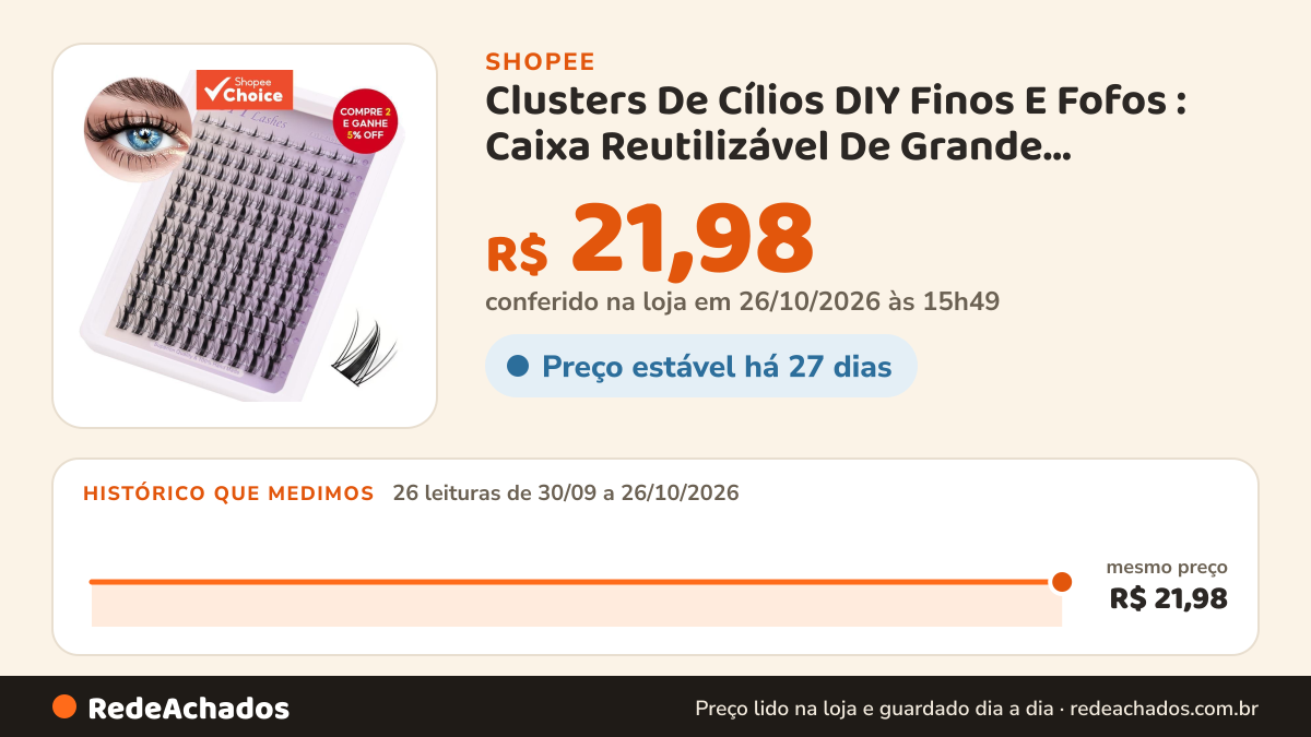 Histórico de preço de Clusters De Cílios DIY Finos E Fofos : Caixa Reutilizável De Grande Capacidade De 14… na Shopee: 26 leituras de 30/09/2026 a 26/10/2026, mesmo preço, R$ 21,98, em todas; R$ 21,98 conferido em 26/10/2026 às 15h49