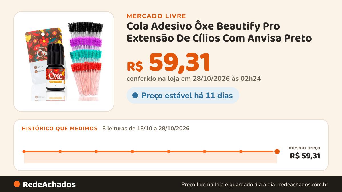 Histórico de preço de Cola Adesivo Ôxe Beautify Pro Extensão De Cílios Com Anvisa Preto no Mercado Livre: 7 leituras de 18/10/2026 a 27/10/2026, mesmo preço, R$ 59,31, em todas; R$ 59,31 conferido em 27/10/2026 às 03h24