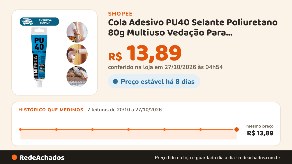Histórico de preço de Cola Adesivo PU40 Selante Poliuretano 80g Multiuso Vedação Para Construção Reparos… na Shopee: 7 leituras de 20/10/2026 a 27/10/2026, mesmo preço, R$ 13,89, em todas; R$ 13,89 conferido em 27/10/2026 às 04h54